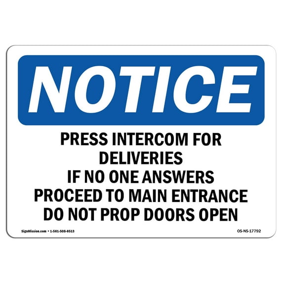 OSHA Notice Sign - Press Intercom For Deliveries If No One | Decal | Protect Your Business, Construction Site | Made in the USA