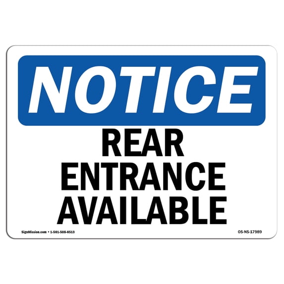 OSHA Notice Sign - Rear Entrance Available | Decal | Protect Your Business, Construction Site, Warehouse & Shop Area | Made in the USA
