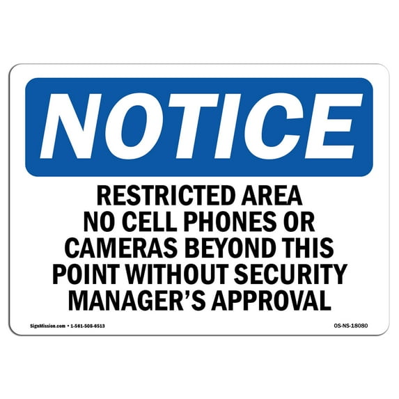 OSHA Notice Sign - Restricted Area No Cell Phones Or Cameras | Plastic Sign | Protect Your Business, Work Site, Warehouse & Shop Area | Made in the USA
