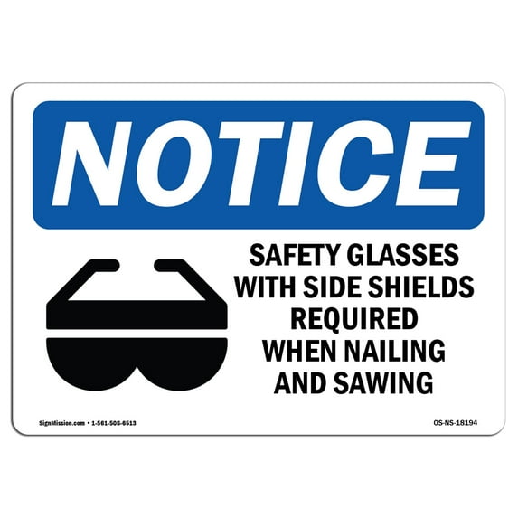OSHA Notice Sign - Safety Glasses With Side Shields Sign With Symbol | Decal | Protect Your Business, Construction Site | Made in the USA