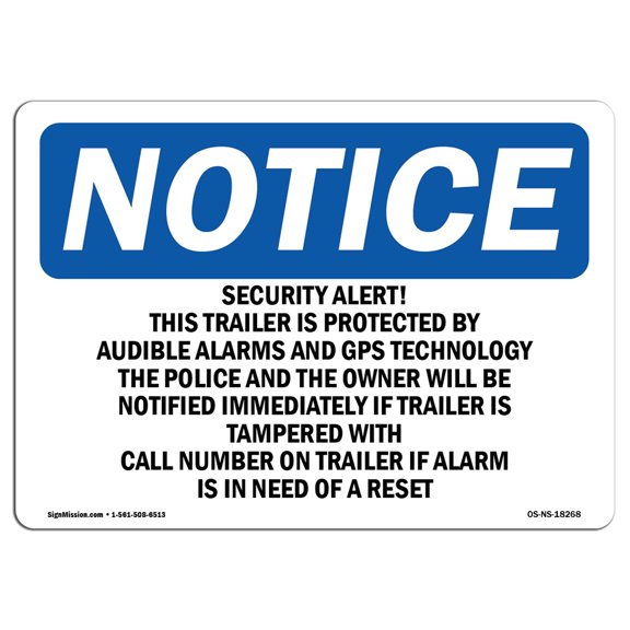 OSHA Notice Sign - Security Alert! This Trailer Is Protected 18" X 12" Rigid Plastic Sign Protect Your Business, Work Site, Warehouse & Shop Area