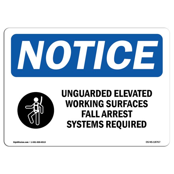 OSHA Notice Sign - Unguarded Elevated Working Surfaces | Plastic Sign | Protect Your Business, Construction Site, Warehouse & Shop Area |  Made in the USA