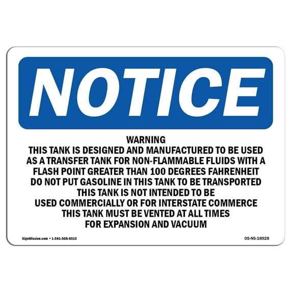 OSHA Notice Sign - Warning This Tank Is Designed And Manufactured | Plastic Sign | Protect Your Business, Work Site, Warehouse | Made in the USA