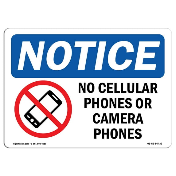 OSHA Notice Signs - No Cellular Phones Or Camera Phones Sign With Symbol | Decal | Protect Your Business, Work Site | Made in the USA