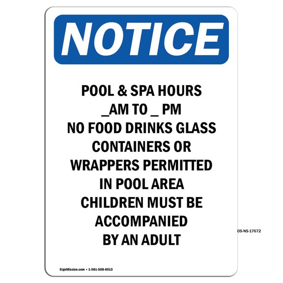 OSHA Notice Signs - Pool & Spa Hours ____ Am To ____ | Decal | Protect Your Business, Construction Site, Warehouse | Made in the USA