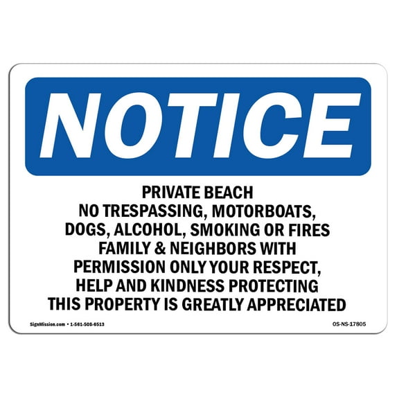 OSHA Notice Signs - Private Beach No Trespassing Motorboats | Decal | Protect Your Business Work Site Warehouse | Made in the USA