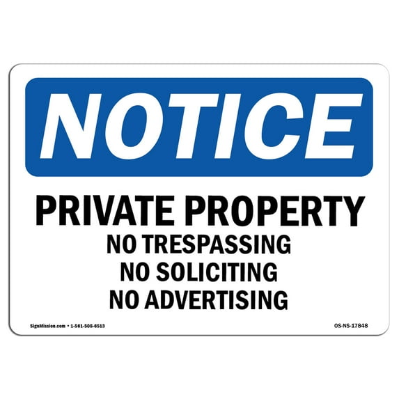 OSHA Notice Signs - Private Property No Trespassing No Soliciting 5" X 3.5" Decal Set of 10 Protect Your Business, Work Site, Warehouse