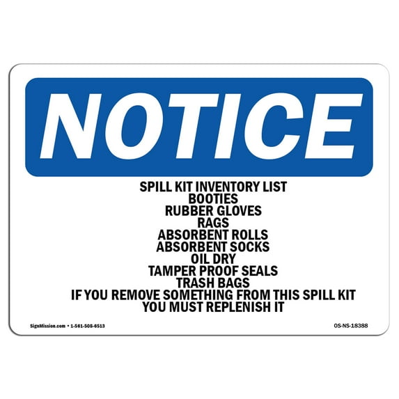 OSHA Notice Signs - Spill Kit Inventory List Booties Rubber Sign | Extremely Durable Made in the USA Signs or Heavy Duty Vinyl label | Protect Your Construction Site, Warehouse &