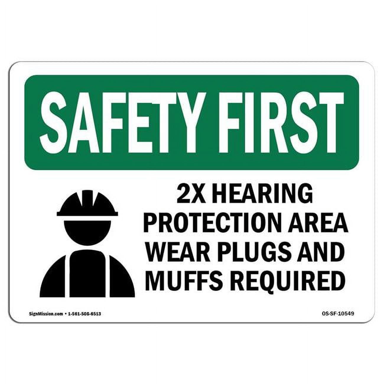 SignMission 12 x 18 in. OSHA Safety First Sign 2X Hearing Protection