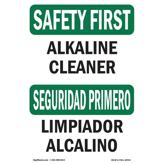 OSHA SAFETY FIRST Sign - Alkaline Cleaner Bilingual | Plastic Sign | Protect Your Business, Construction Site, Warehouse & Shop Area | Made in the USA