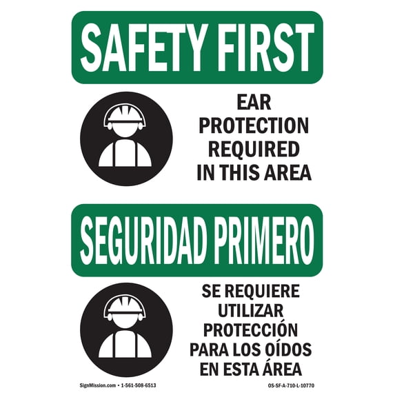 OSHA SAFETY FIRST Sign - Ear Protection Required Bilingual | Aluminum Sign | Protect Your Business, Work Site, Warehouse & Shop Area | Made in the USA