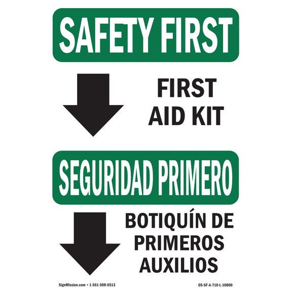 OSHA SAFETY FIRST Sign - First Aid Kit Bilingual | Decal | Protect Your Business, Construction Site, Warehouse & Shop Area | Made in the USA