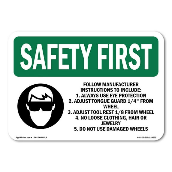OSHA SAFETY FIRST Sign - Follow Manufacturer Instructions With Symbol | Decal | Protect Your Business, Work Site, Warehouse | Made in the USA