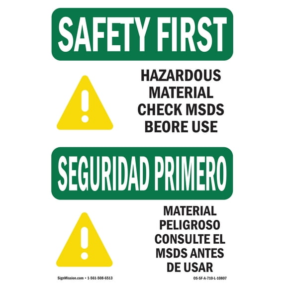 OSHA SAFETY FIRST Sign - Hazardous Material MSDS Bilingual | Plastic Sign | Protect Your Business, Work Site, Warehouse & Shop Area | Made in the USA