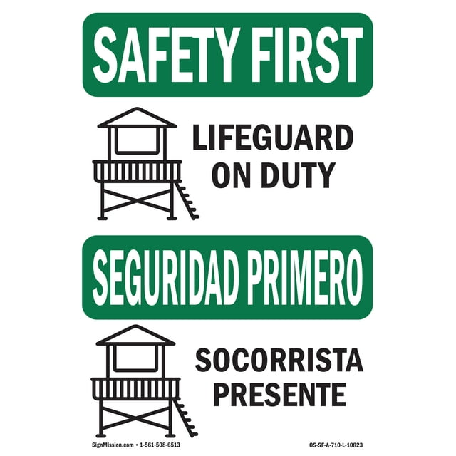 OSHA SAFETY FIRST Sign - Lifeguard On Duty Bilingual | Plastic Sign | Protect Your Business, Construction Site, Warehouse & Shop Area | Made in the USA