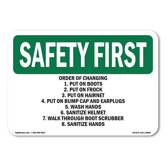 OSHA SAFETY FIRST Sign - Order Of Changing 1. Put On Boots 2. Put | Plastic Sign | Protect Your Business, Work Site, Warehouse | Made in the USA