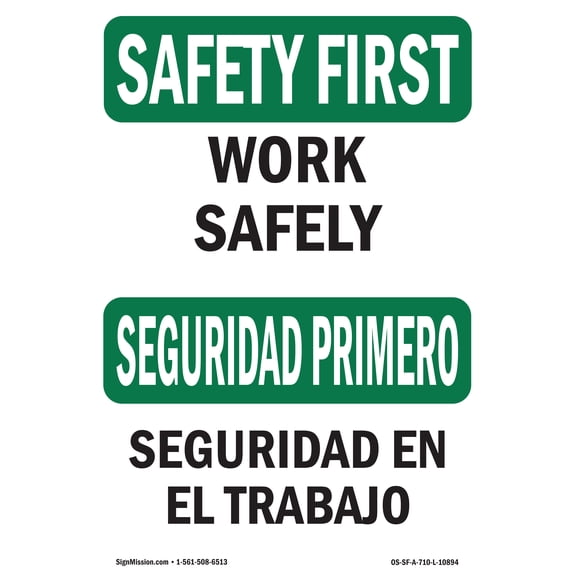 OSHA SAFETY FIRST Sign - Work Safely Bilingual | Decal | Protect Your Business, Construction Site, Warehouse & Shop Area | Made in the USA