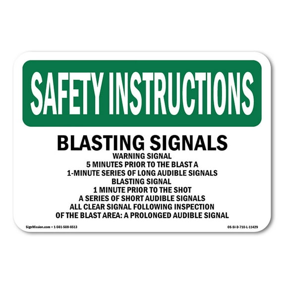 OSHA SAFETY INSTRUCTIONS Sign - Blasting Signals Warning Signal 5 Minutes | Decal | Protect Your Business, Work Site, Warehouse | Made in the USA