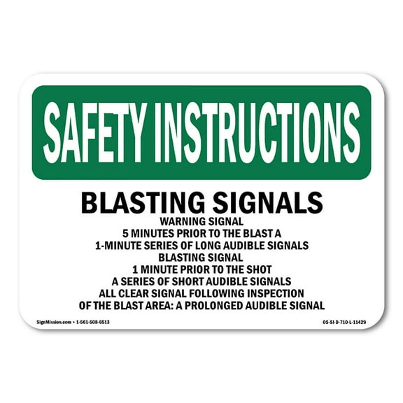 OSHA SAFETY INSTRUCTIONS Sign - Blasting Signals Warning Signal 5 Minutes | Plastic Sign | Protect Your Business, Work Site, Warehouse | Made in the USA