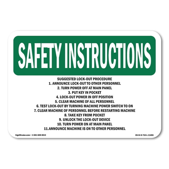 OSHA SAFETY INSTRUCTIONS Sign - Suggested Lock-Out Procedure 1. Announce | Decal | Protect Your Business, Work Site, Warehouse | Made in the USA