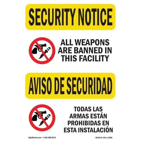 OSHA SECURITY NOTICE Sign - All Weapons Are Banned Bilingual | Decal | Protect Your Business, Work Site, Warehouse & Shop Area | Made in the USA