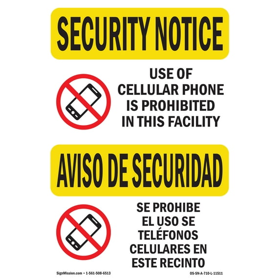 OSHA SECURITY NOTICE Sign - Cellular Phone Prohibited Bilingual | Plastic Sign | Protect Your Business, Work Site, Warehouse & Shop Area | Made in the USA