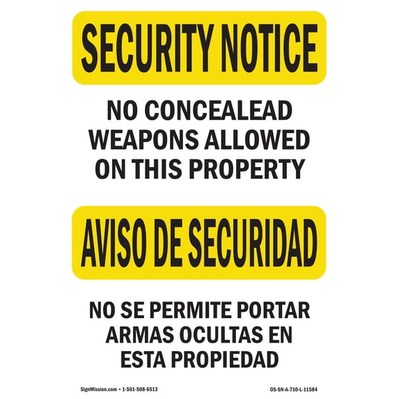 OSHA SECURITY NOTICE Sign - No Concealed Weapons Bilingual | Aluminum Sign | Protect Your Business, Work Site, Warehouse & Shop Area | Made in the USA
