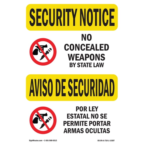 OSHA SECURITY NOTICE Sign - No Concealed Weapons Bilingual | Aluminum Sign | Protect Your Business, Work Site, Warehouse & Shop Area | Made in the USA