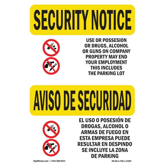 OSHA SECURITY NOTICE Sign - Drugs End Employment Bilingual | Plastic Sign | Protect Your Business, Work Site, Warehouse & Shop Area | Made in the USA