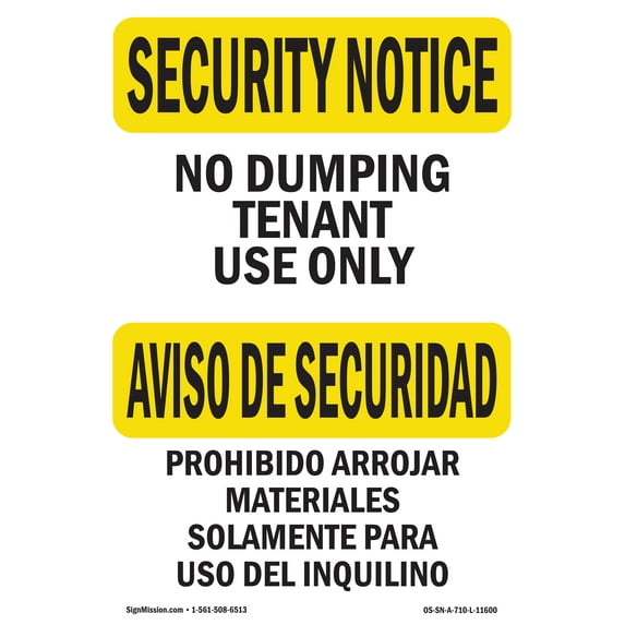 OSHA SECURITY NOTICE Sign - No Dumping Tenant Only Bilingual | Plastic Sign | Protect Your Business, Work Site, Warehouse & Shop Area | Made in the USA