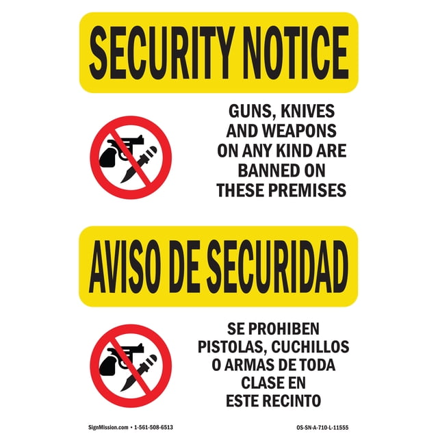 Identifying Weapons OSHA SECURITY NOTICE Sign - Knives Weapons Banned Bilingual | Decal ...