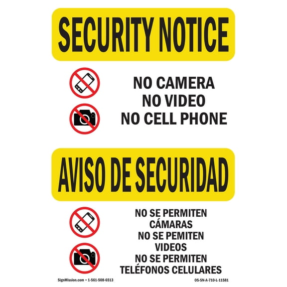 OSHA SECURITY NOTICE Sign - No Camera Video Cell Bilingual | Plastic Sign | Protect Your Business, Work Site, Warehouse & Shop Area | Made in the USA