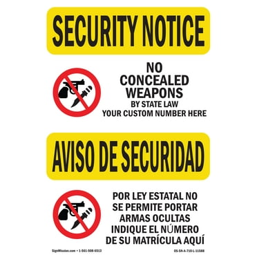 OSHA SECURITY NOTICE Sign - No Concealed Weapons Bilingual | Decal | Protect Your Business, Work Site, Warehouse & Shop Area | Made in the USA
