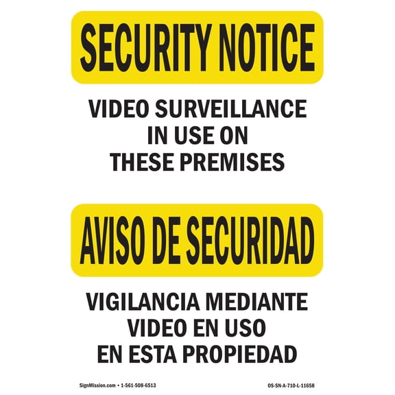 OSHA SECURITY NOTICE Sign - Video Surveillance In Use Bilingual | Decal | Protect Your Business, Work Site, Warehouse & Shop Area | Made in the USA