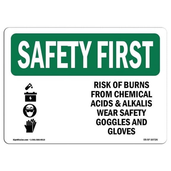 OSHA Safety First Sign - Risk of Burns From Chemical with Symbol