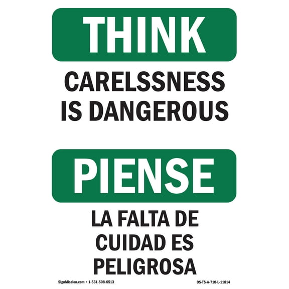 OSHA THINK Sign - Carelessness Is Dangerous Bilingual | Decal | Protect Your Business, Construction Site, Warehouse & Shop Area | Made in the USA