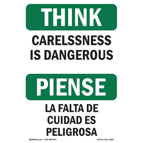 OSHA THINK Sign - Carelessness Is Dangerous Bilingual | Decal | Protect Your Business, Construction Site, Warehouse & Shop Area | Made in the USA