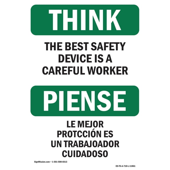 OSHA THINK Sign - Safety Device Careful Worker Bilingual | Decal | Protect Your Business, Work Site, Warehouse & Shop Area | Made in the USA