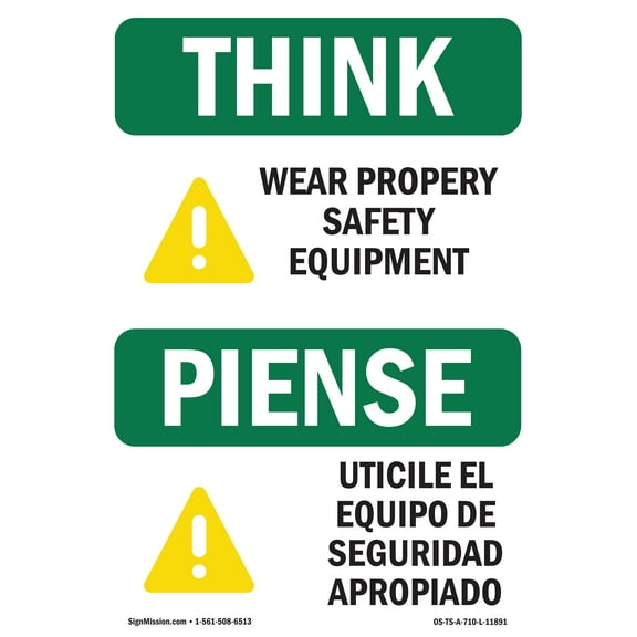 OSHA THINK Sign - Wear Proper Safety Equipment Bilingual | Decal | Protect Your Business, Work Site, Warehouse & Shop Area | Made in the USA