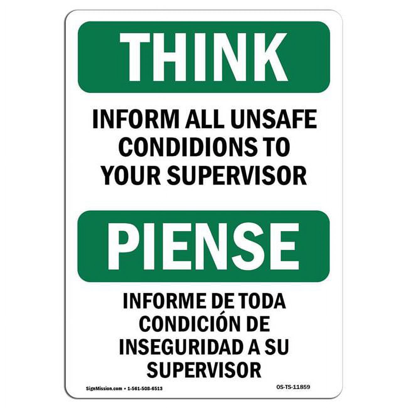 No Supervisor Sign OSHA Think Sign - Report All Unsafe Conditions Supervisor - Walmart.com