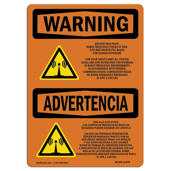 OSHA WARNING Sign - Beyond This Point Radio Frequency Bilingual | Plastic Sign | Protect Your Business, Work Site, Warehouse & Shop Area | Made in the USA