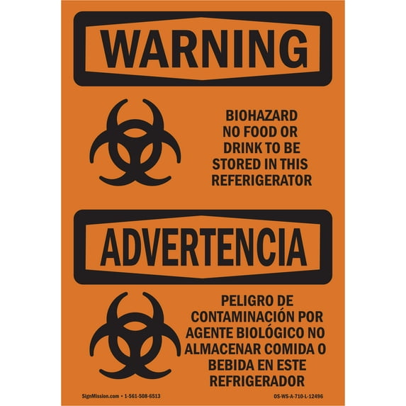 OSHA WARNING Sign - Biohazard No Food Or Drink Bilingual | Decal | Protect Your Business, Work Site, Warehouse & Shop Area | Made in the USA