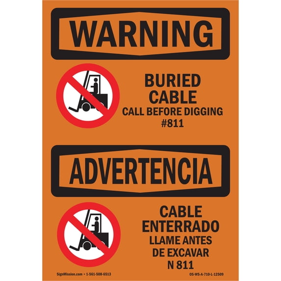 OSHA WARNING Sign - Buried Cable Call Before Digging Bilingual | Plastic Sign | Protect Your Business, Work Site, Warehouse & Shop Area | Made in the USA