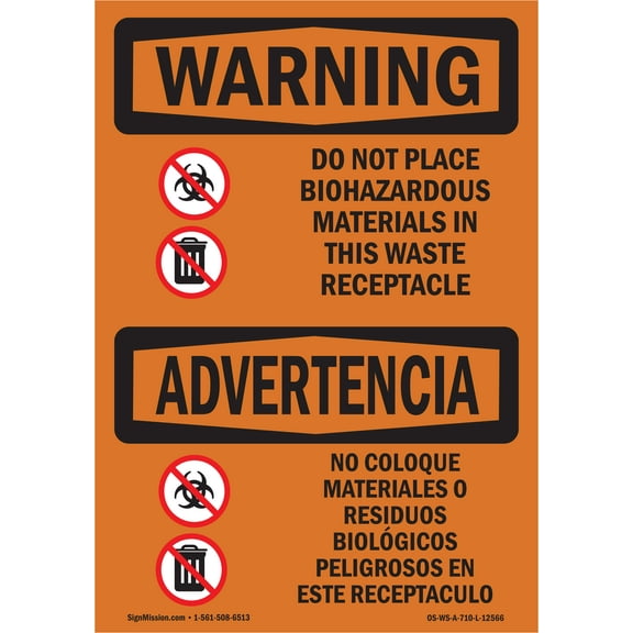 OSHA WARNING Sign - Do Not Place Biohazard Bilingual | Decal | Protect Your Business, Construction Site, Warehouse & Shop Area | Made in the USA
