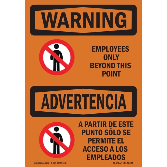 OSHA WARNING Sign - Employees Only Beyond This Point Bilingual | Plastic Sign | Protect Your Business, Work Site, Warehouse & Shop Area | Made in the USA