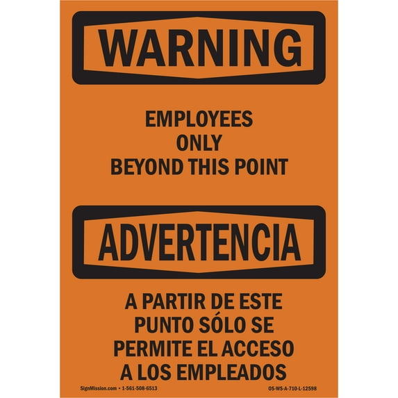 OSHA WARNING Sign - Employees Only Beyond This Point Bilingual | Plastic Sign | Protect Your Business, Work Site, Warehouse & Shop Area | Made in the USA