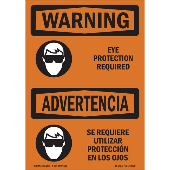 OSHA WARNING Sign - Eye Protection Required Bilingual | Decal | Protect Your Business, Construction Site, Warehouse & Shop Area | Made in the USA