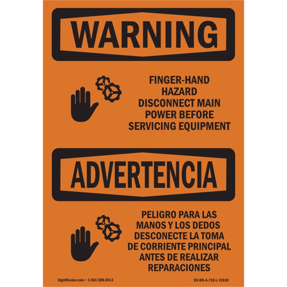 OSHA WARNING Sign - Finger - Hand Hazard Bilingual | Plastic Sign | Protect Your Business, Construction Site, Warehouse & Shop Area | Made in the USA
