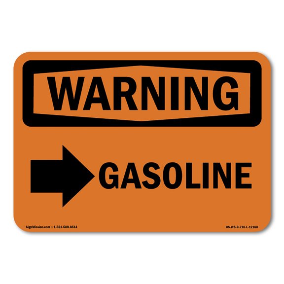 OSHA WARNING Sign - Gasoline [Right Arrow] With Symbol | Plastic Sign | Protect Your Business, Construction Site, Warehouse & Shop Area | Made in the USA