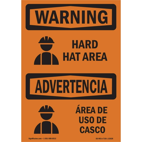 OSHA WARNING Sign - Hard Hat Area Bilingual | Plastic Sign | Protect Your Business, Construction Site, Warehouse & Shop Area | Made in the USA